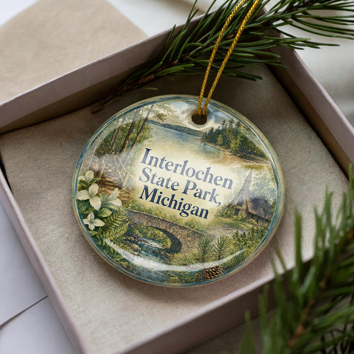 A decorative ornament in a box, featuring a scenic landscape with a lake, trees, and a bridge.
