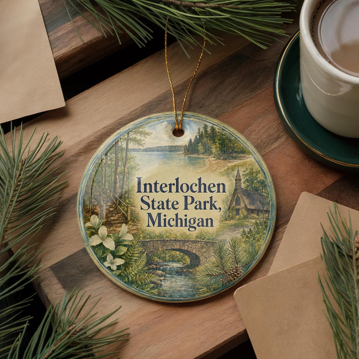 A decorative ornament with a scenic landscape of Interlochen State Park, Michigan, featuring a bridge, pine trees, and a lake.