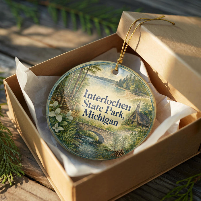 A decorative ornament in a brown box, featuring a scenic landscape with a lake, trees, and a bridge.