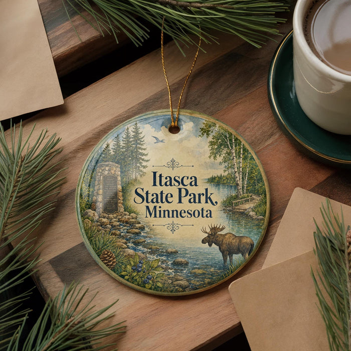 A decorative ornament featuring a moose and a scenic landscape, with the text "Itasca State Park, Minnesota" displayed prominently.
