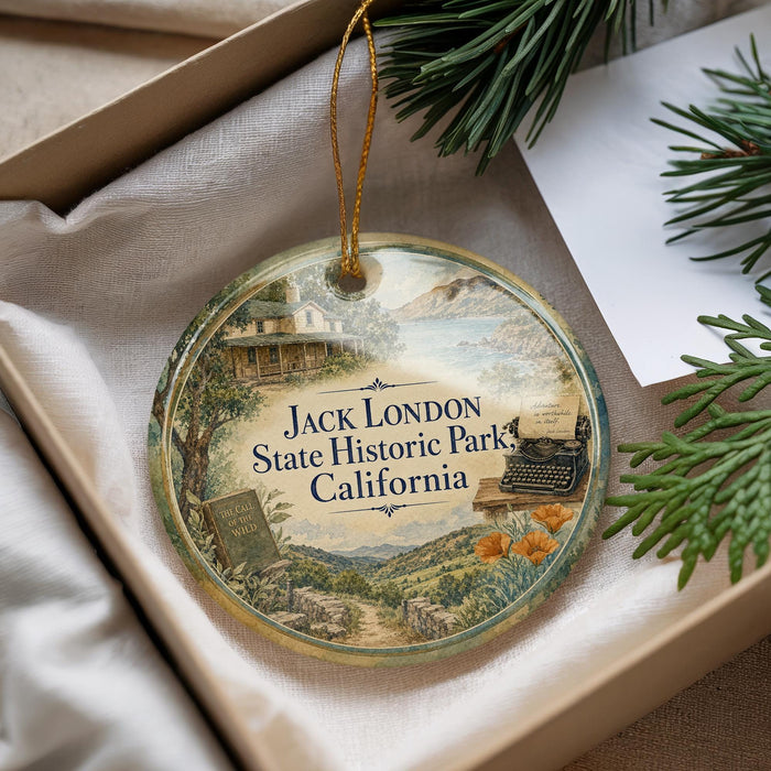 A decorative ornament with a scenic landscape and text, placed in a box with pine branches.