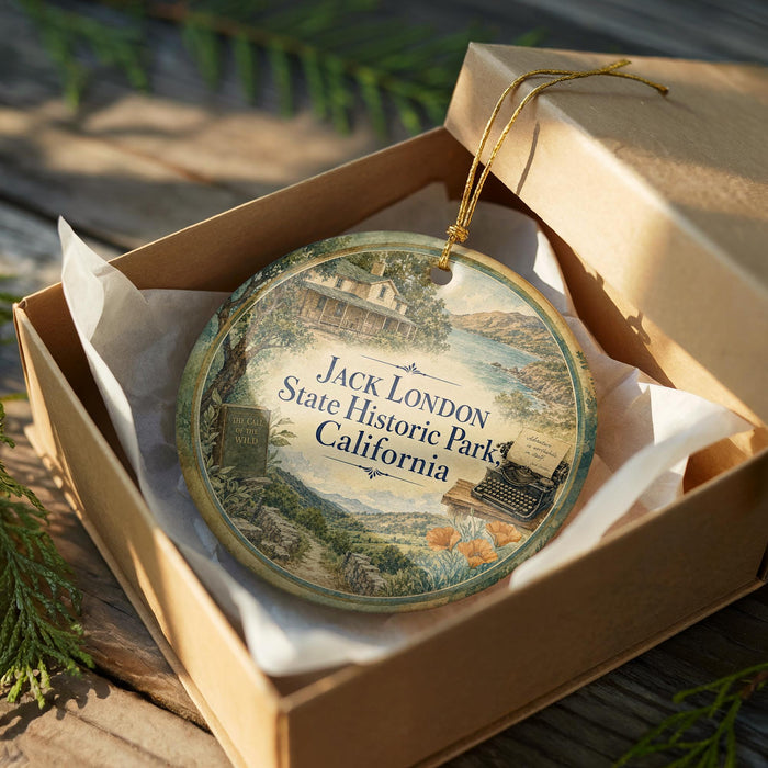 A round ornament in a wooden box, featuring an illustration of a scenic landscape with a house and trees, and the text "Jack London State Historic Park, California".
