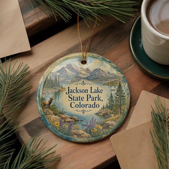 A decorative ornament featuring a scenic landscape of Jackson Lake, State Park, Colorado, with pine trees and mountains in the background.