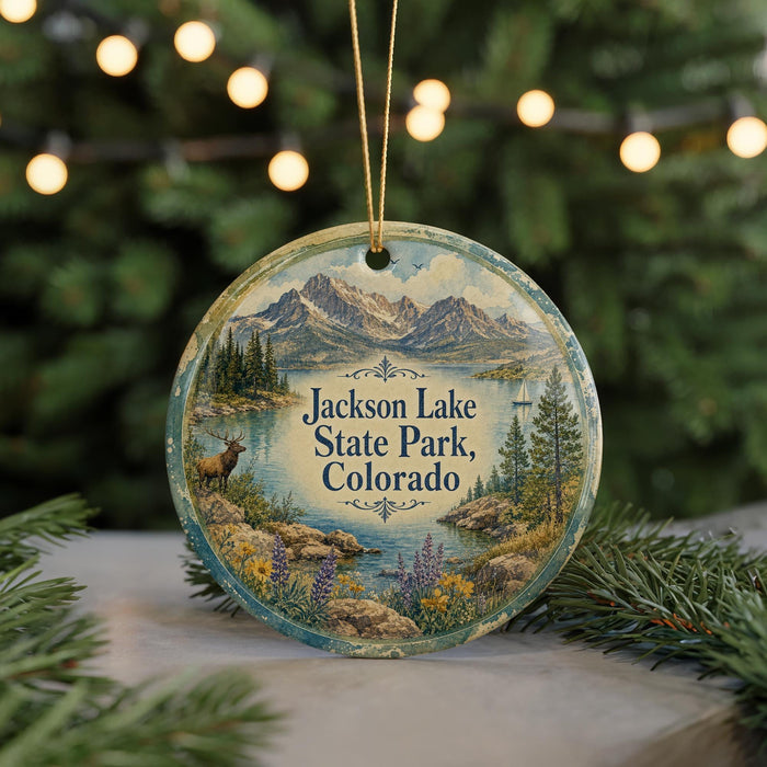 A round ornament with a scenic mountain landscape and a lake, featuring the text "Jacksons Lake State Park, Colorado" on it.
