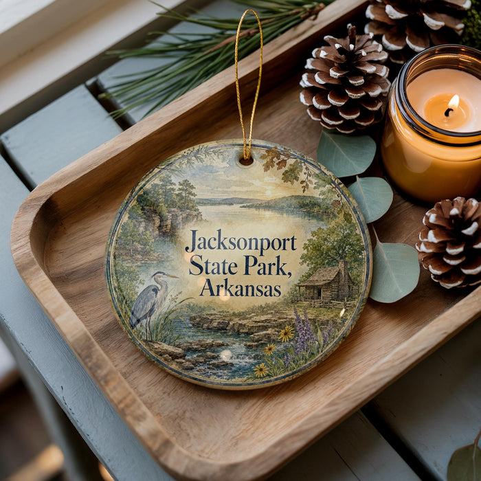 A wooden tray with a decorative ornament featuring a scenic landscape of Jacksonport State Park, Arkansas, and pine cones.