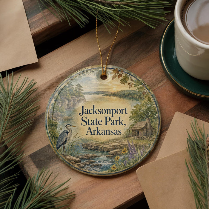A decorative ornament featuring a scenic landscape of Jacksonport State Park, Arkansas, with a bird in the foreground and pine branches surrounding it.