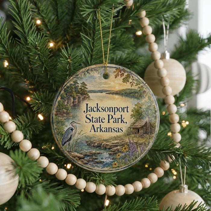 A round ornament hanging on a Christmas tree, featuring a scenic landscape with a river, cabin, and trees.