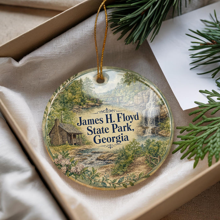 A decorative ornament with a scenic landscape of James H. Floyd State Park, Georgia, featuring a waterfall and a cabin, is displayed in a box with pine branches.