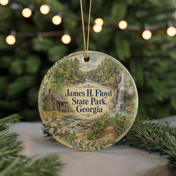 A round ornament with a scenic image of James H. Floyd State Park, Georgia, hanging from a string.
