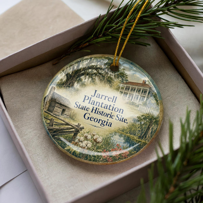 A decorative ornament featuring a scenic image of a historic plantation house surrounded by trees and greenery, with the text "Jarrell Plantation State Historic Site, Georgia" prominently displayed.