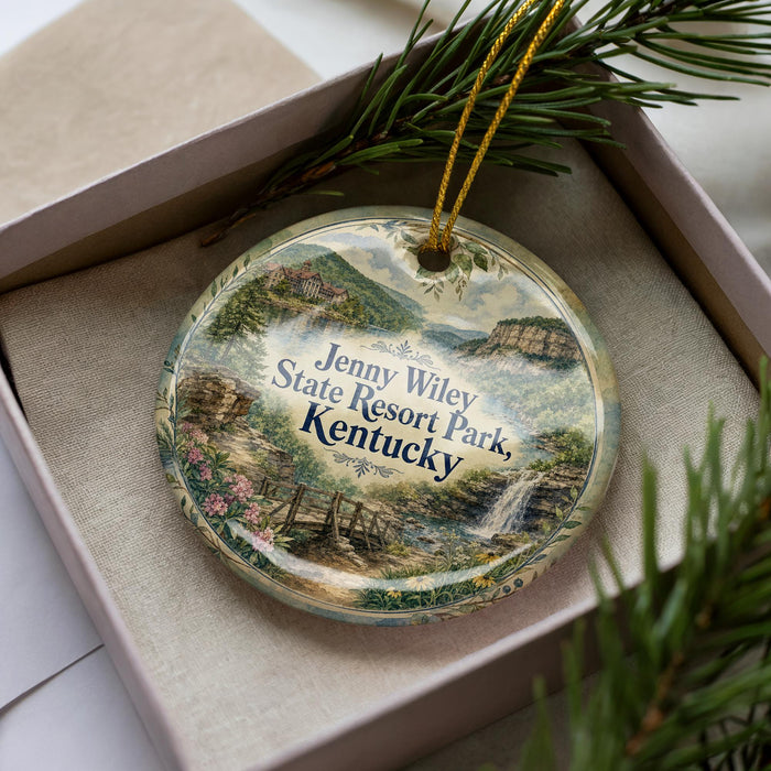A decorative ornament in a box, featuring a scenic landscape with mountains, trees, and a waterfall.