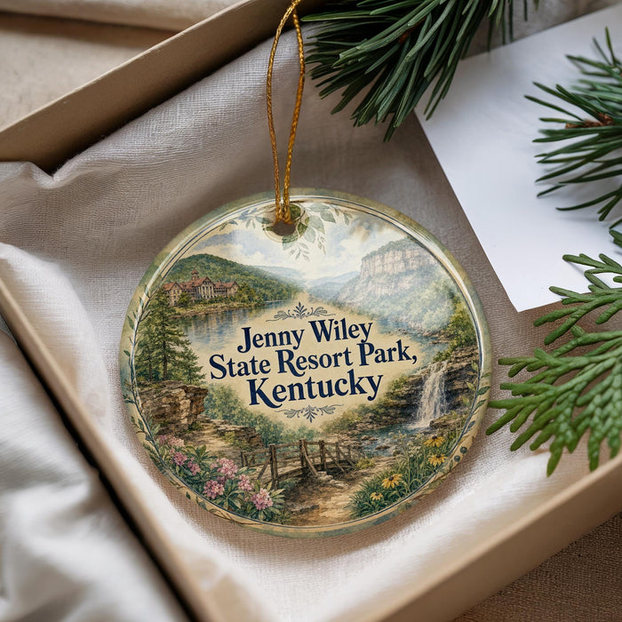 A decorative ornament with a scenic landscape of Jenny Wiley State Resort Park, Kentucky, hanging from a string.