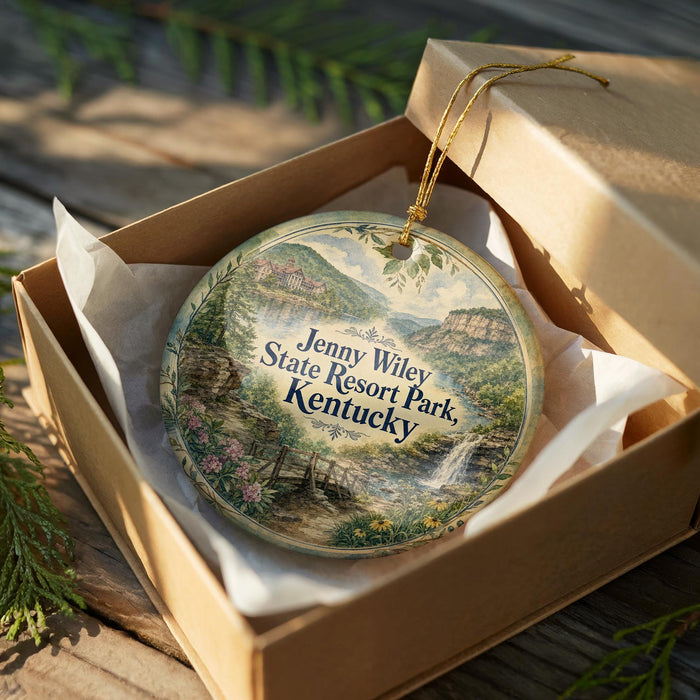 A decorative ornament in a box, featuring a scenic landscape with mountains, trees, and a river.