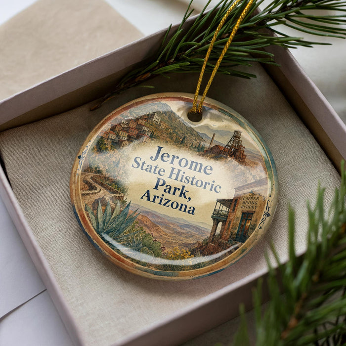 A decorative ornament in a box, featuring a scenic image of Jerome State Historic Park in Arizona.