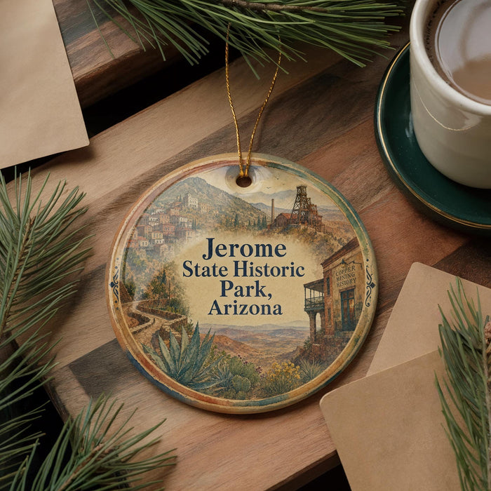 A decorative ornament featuring a scenic image of Jerome State Historic Park, Arizona, with a small building and desert landscape in the background.