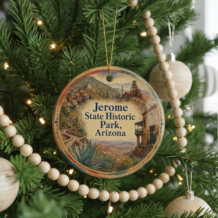A circular ornament hanging on a Christmas tree, featuring an illustration of a desert landscape with a building and mountains in the background.