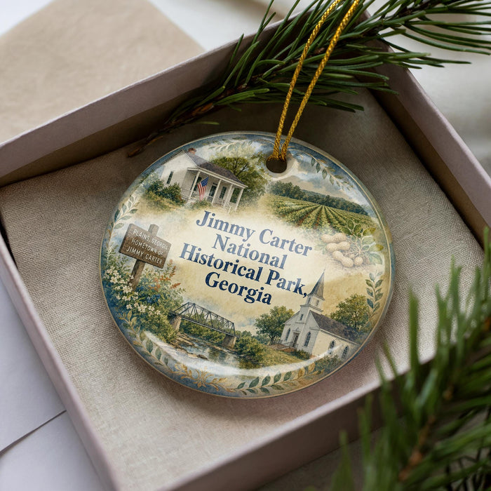 A decorative ornament in a box, featuring illustrations of landmarks and scenery from Jimmy Carter National Historical Park, Georgia.