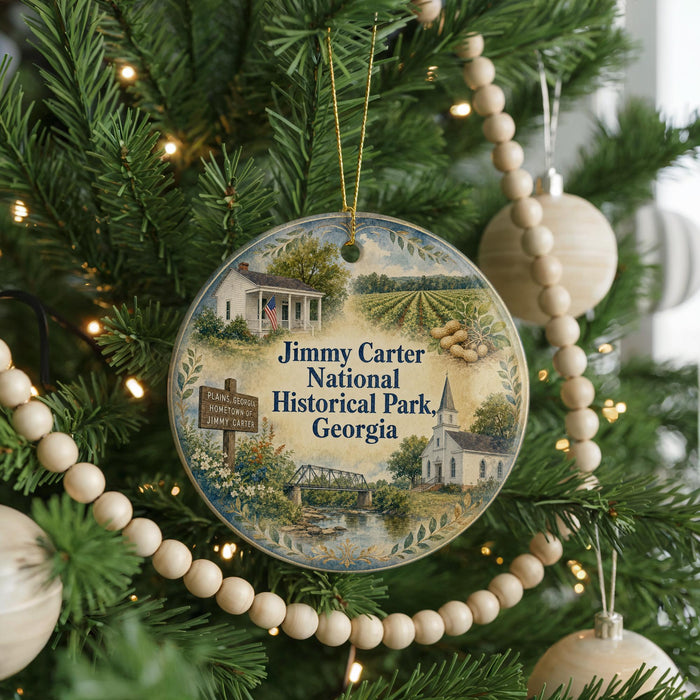 A round ornament hanging on a Christmas tree, featuring a scenic illustration of Jimmy Carter National Historical Park in Georgia.