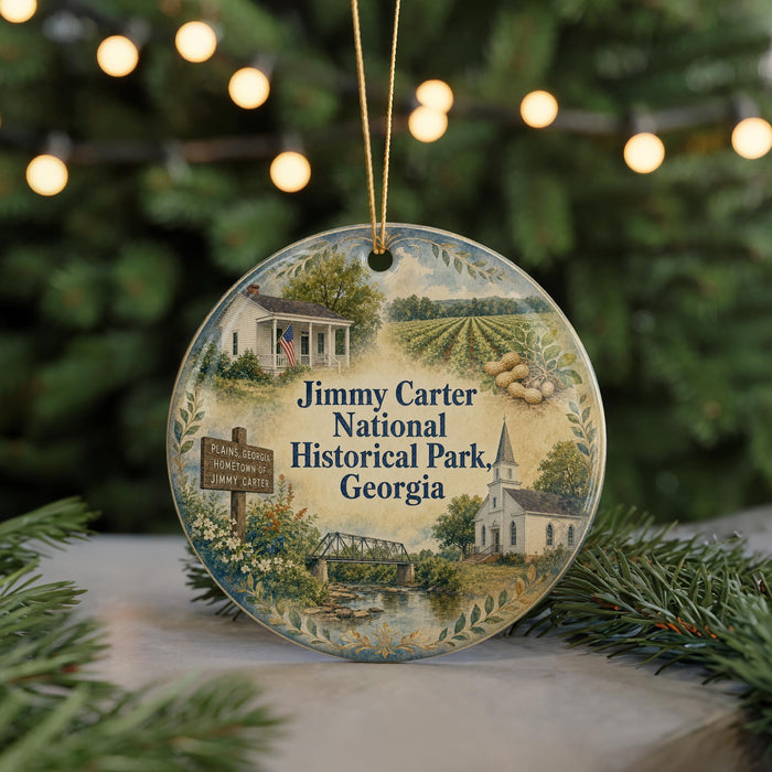 A round ornament with a painting of a historical park and a sign that says " Jimmy Carter National Historical Park Georgia".