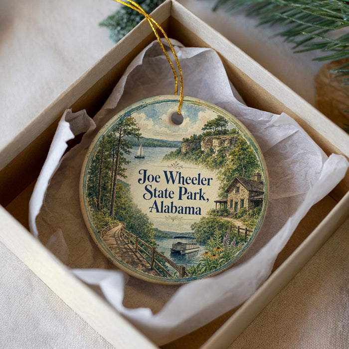 A decorative ornament in a box, featuring a scenic landscape with a boat on a lake, surrounded by trees and houses.