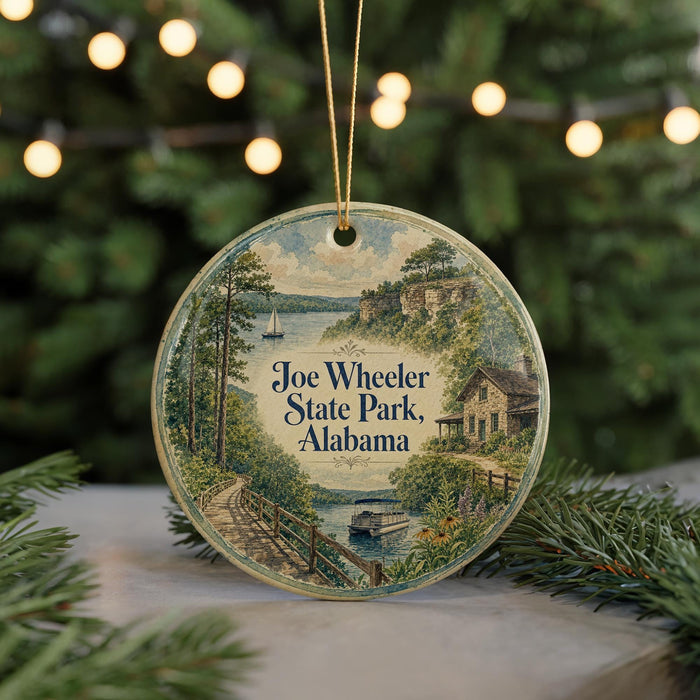 A round ornament featuring a scenic landscape of Joe Wheeler State Park, Alabama, with a boat on the water and a path leading through the trees.