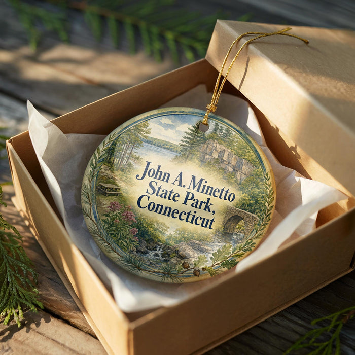 A decorative ornament in a brown box, featuring a scenic landscape with a river and trees, with the text "John A. Minetto State Park Connecticut" printed on it.