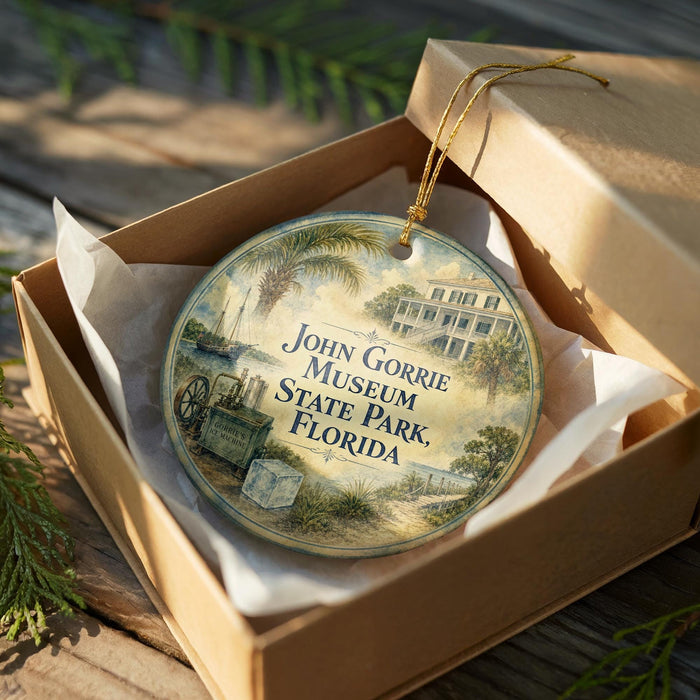 A circular ornament in a box, featuring an illustration of a building and palm trees, with the text "John Gorrie Museum State Park, Florida" printed on it.