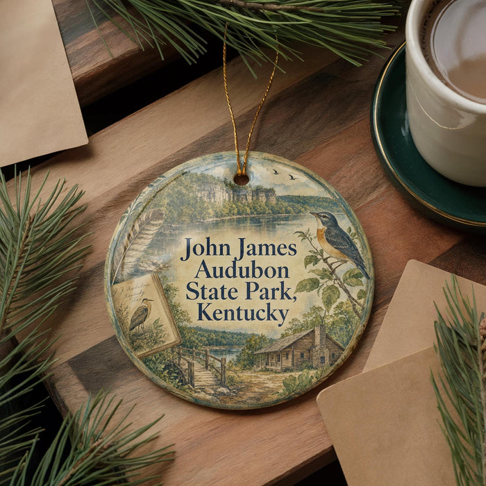 A round ornament with a scenic illustration of John James Audubon State Park in Kentucky, featuring a bird, a house, and a lake.