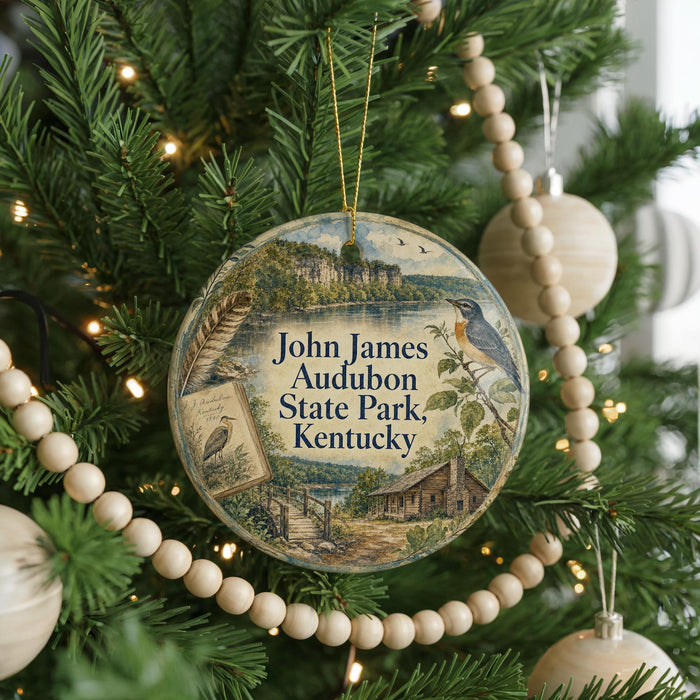 A round ornament hanging on a Christmas tree, featuring a scenic illustration of John James Audubon State Park in Kentucky.