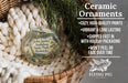 Ceramic ornaments, featuring a detailed illustration of John James Audubon's "John James Audubon State Park, Kentucky" scene, are displayed in a woven basket. The ornaments are described as cozy, high-quality prints, vibrant, and long-lasting, and are shipped fast in holiday packaging. They are not to be peeled or faded over time. The image also includes a scale for size comparison and the logo of the Flying Pig Sign Company.