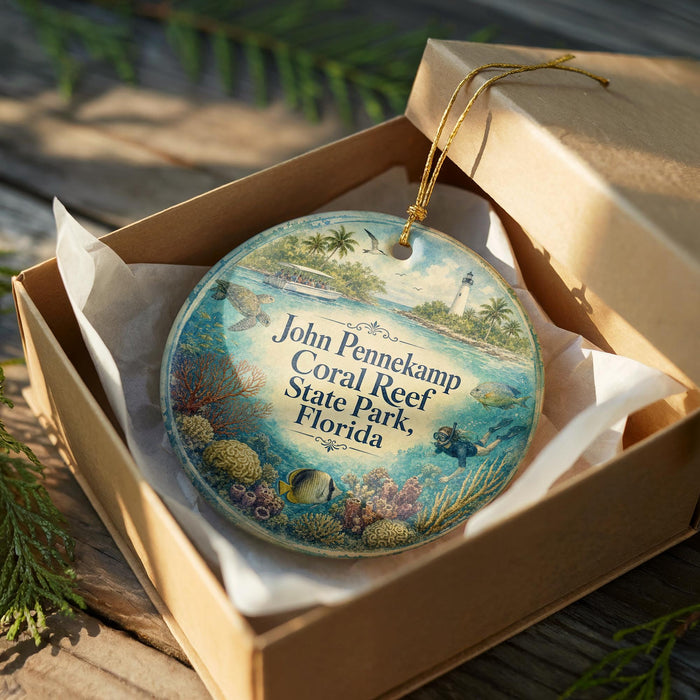 A decorative ornament in a box, featuring a tropical scene with a lighthouse, palm trees, and colorful marine life.