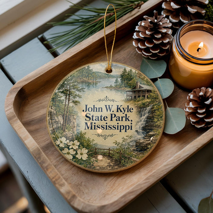 A wooden tray with a decorative ornament featuring a scenic landscape of John W. Kyle State Park, Mississippi, and pine cones.