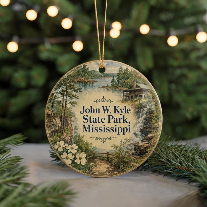 A round ornament with a scenic landscape of John W. Kyle State Park, Mississippi, featuring a waterfall, pine trees, and a cabin.