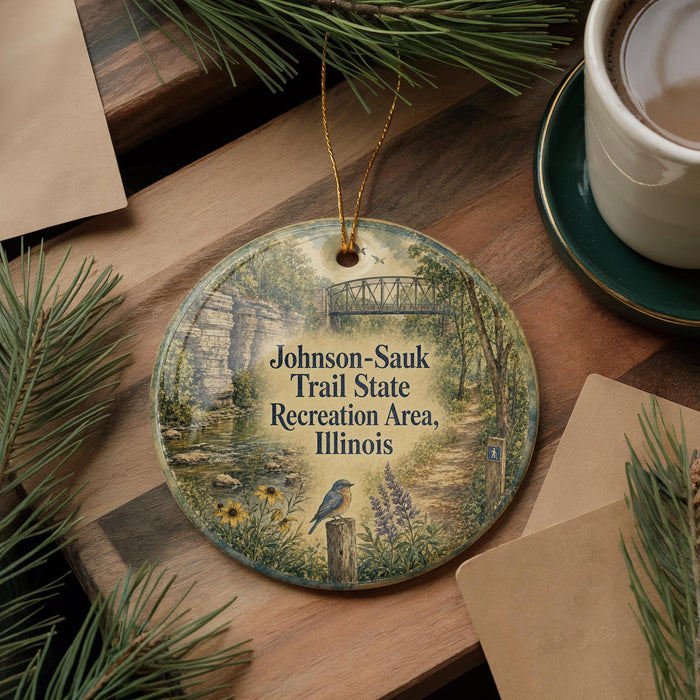 A round ornament with a scenic illustration of a trail in the Johnson-Sauk Trail State Recreation Area, Illinois, featuring a bird perched on a wooden post and surrounded by pine branches.