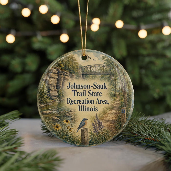 A round ornament with a scenic illustration of a trail in the Johnson-Sauk Trail State Recreation Area, Illinois, featuring a bird, flowers, and a bridge.