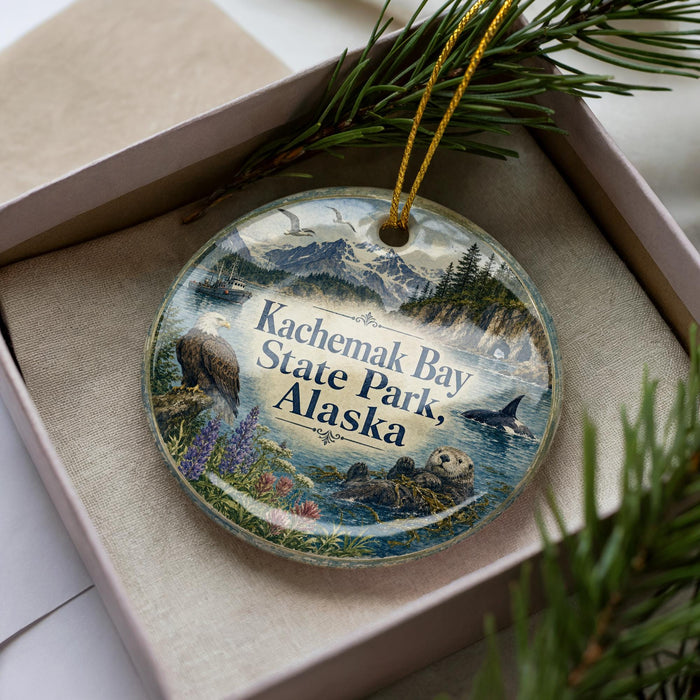 A decorative ornament in a box, featuring a scenic landscape with mountains, pine trees, and wildlife, including an eagle and a seal.
