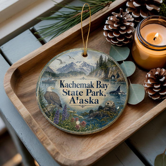 A wooden tray with a decorative ornament featuring a scenic image of Kachemak Bay State Park, Alaska, along with pine cones and a lit candle.