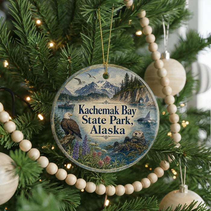 A circular ornament hanging on a Christmas tree, featuring a scenic image of Kachemak Bay State Park, Alaska.