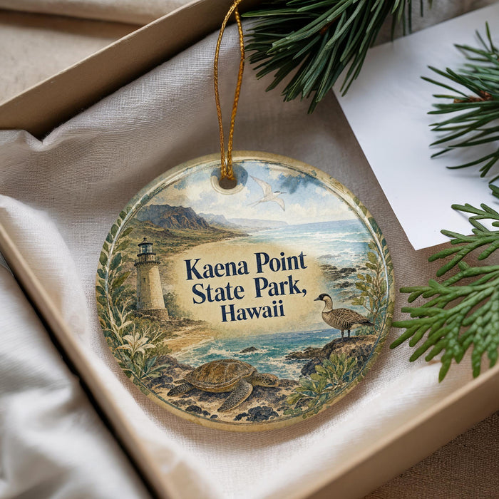 A decorative ornament with a lighthouse and a bird, placed in a box with pine branches.