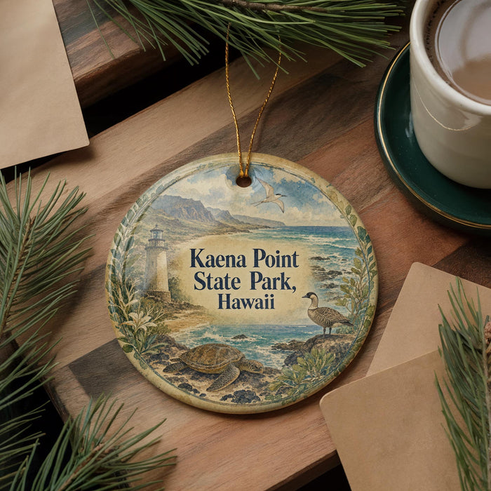 A decorative ornament with a lighthouse and a bird, featuring the text "Kaena Point State Park, Hawaii" on it, is placed on a wooden surface alongside a cup of coffee and some pine branches.