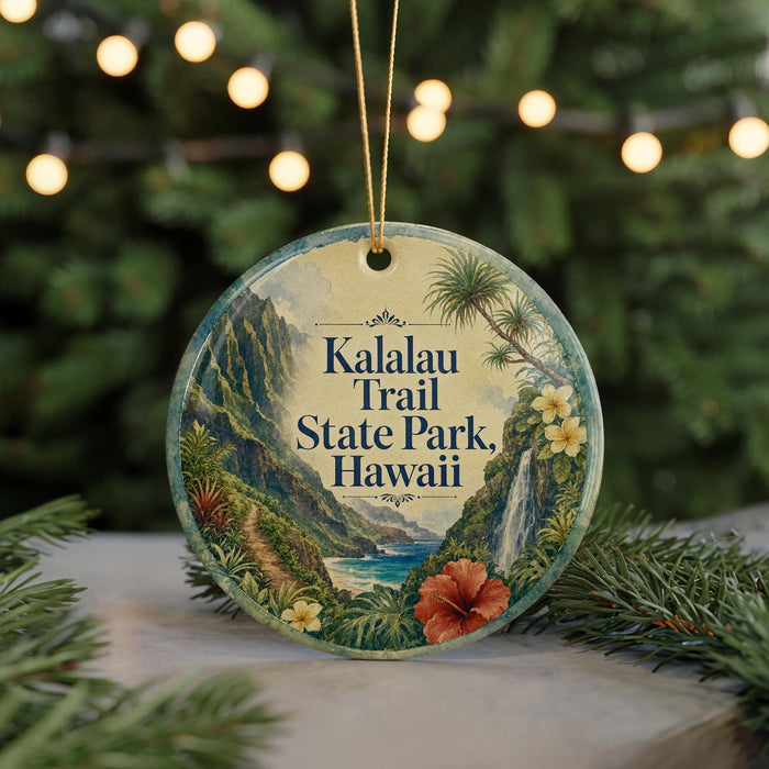 A circular ornament with a tropical landscape design, featuring palm trees, a waterfall, and a hibiscus flower, hangs in front of a blurred background with Christmas lights.