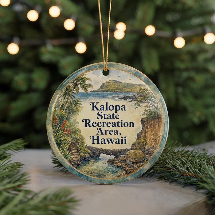 A circular ornament with a tropical landscape and text, hanging on a string.