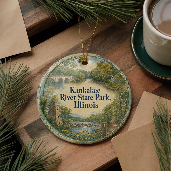 A decorative ornament featuring a scenic image of Kankakee River State Park, Illinois, with a bird perched on a tree branch. The ornament is placed on a wooden surface, surrounded by pine branches and a cup of coffee.