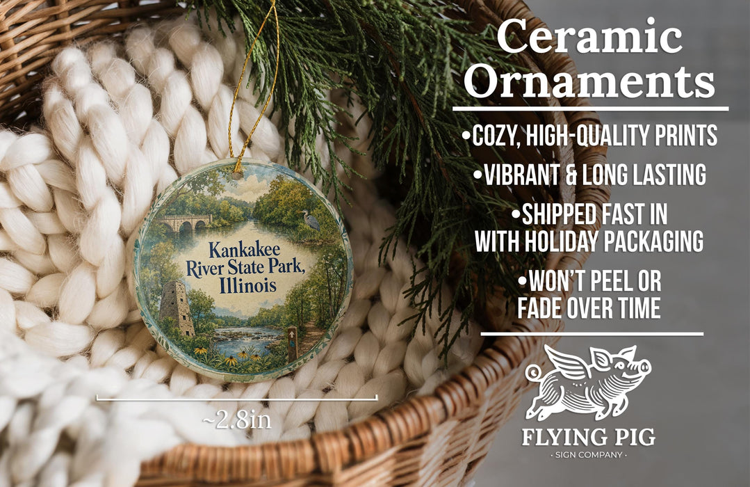 Ceramic ornaments, featuring a picture of a river and trees, are displayed in a basket. The text highlights the ornaments as "Ceramic Ornaments" and mentions their features such as "Cozy, high-quality prints", "Vibrant & long lasting", "Shipped fast in", "with holiday packaging", and "won't peel or fade over time". The image also includes a logo for "Flying Pig - SIGN COMPANY".