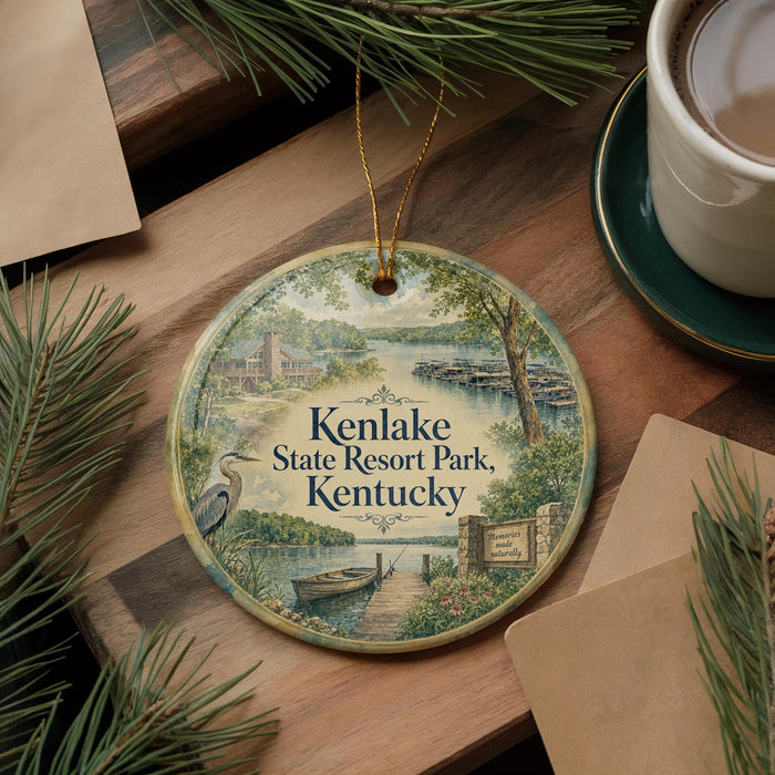 A decorative ornament featuring a scenic view of Kenlake State Resort Park, Kentucky, with a lake, boats, and a bird in the foreground.