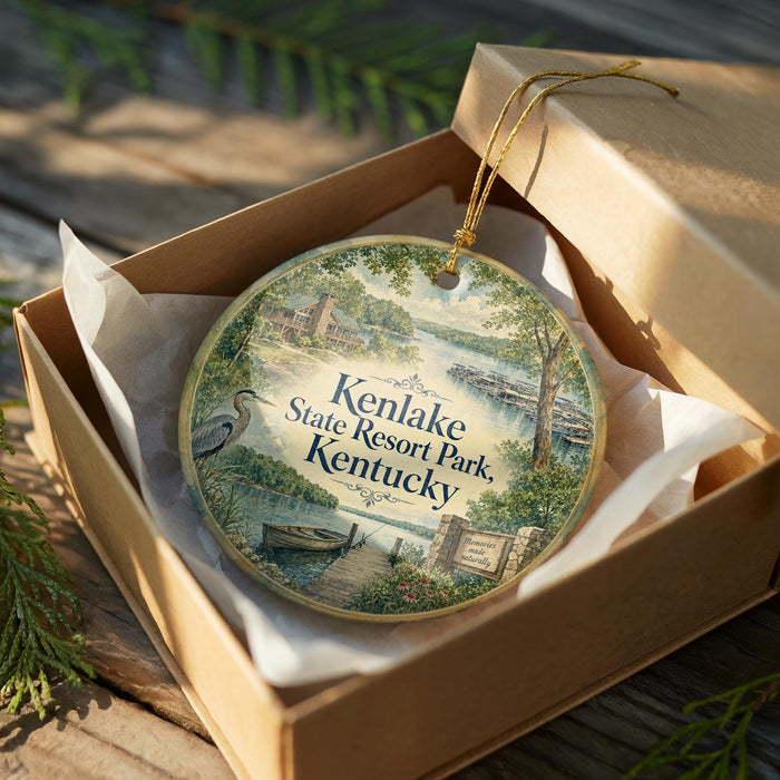 A decorative ornament in a box, featuring a scenic image of State Lake Resort Park, Kentucky.