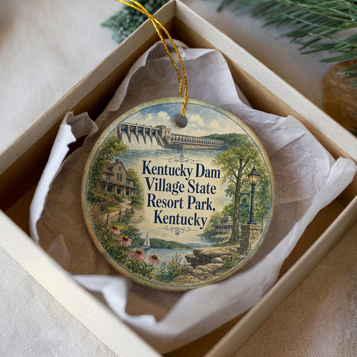 A decorative ornament in a box, featuring a scenic image of Kentucky's Kentucky State Resort Park.