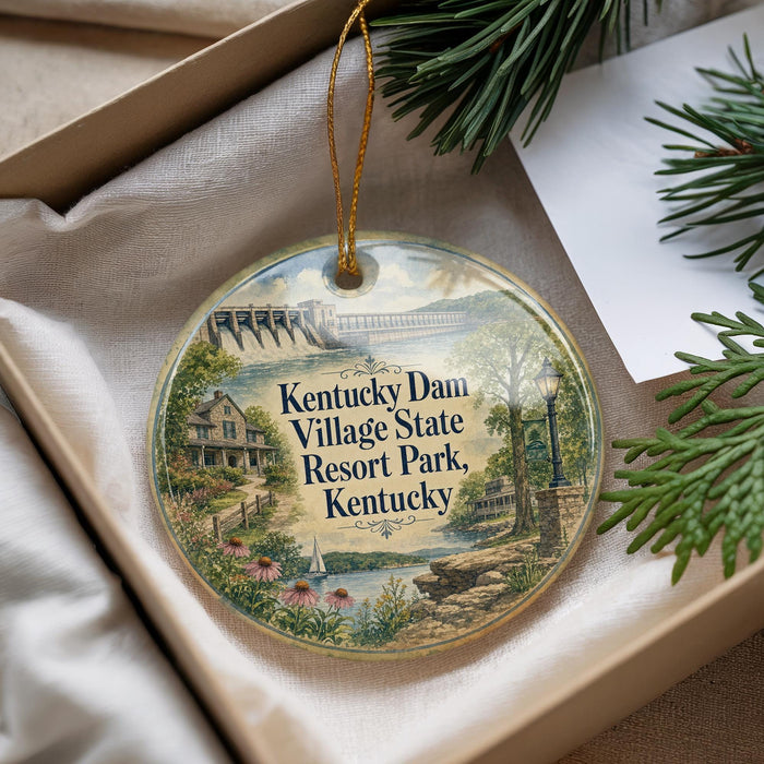 A decorative ornament with a scenic image of Kentucky State Resort Park, featuring a house, a bridge, and a river, hanging from a string.