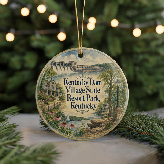 A round ornament with a scenic illustration of Kentucky, featuring a bridge, houses, and a lake, is displayed against a blurred background of Christmas lights.