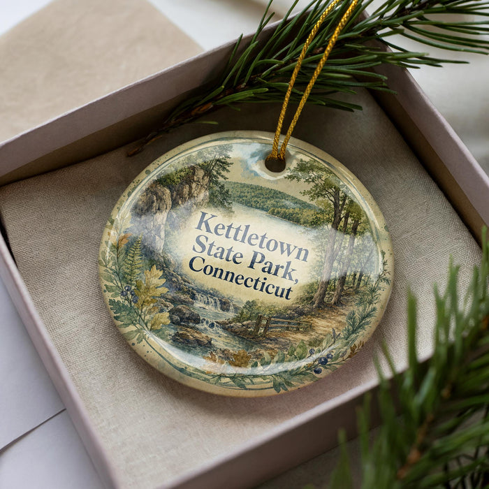 A decorative ornament in a box, featuring a scenic landscape with trees and a waterfall, with the text "Ketletown State Park, Connecticut" printed on it.